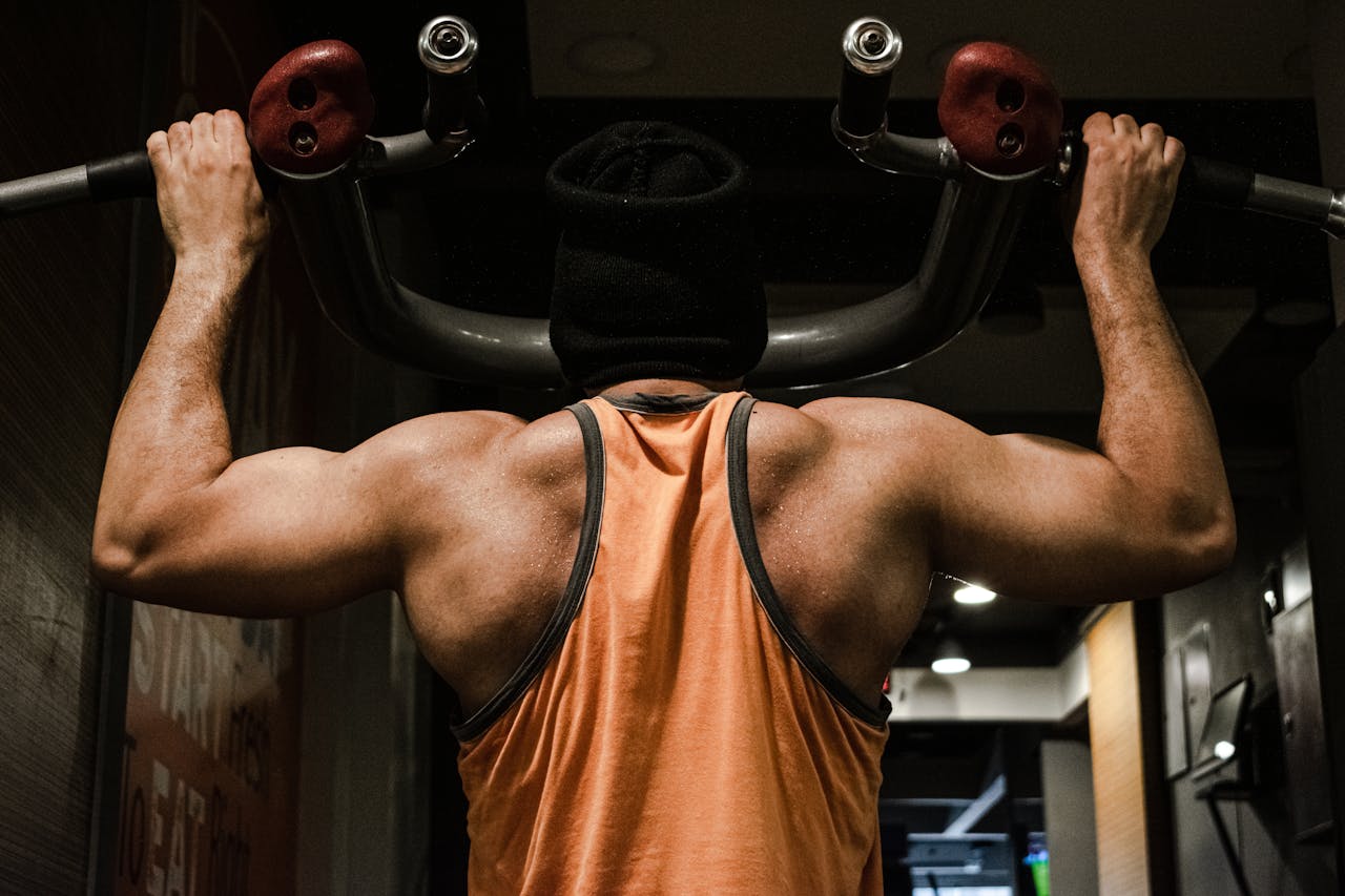 Back view of a muscular man working out on a pull-up bar in a gym in Alexandria, Egypt.